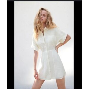 NWOT Zara Dress Shirt Mini Ivory Cream‎ Short Sleeve Pocket Collared Casual